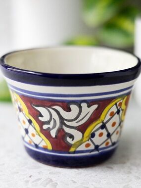 Talavera style small pottery planter marked Mexico blue white yellow brown 2.75"